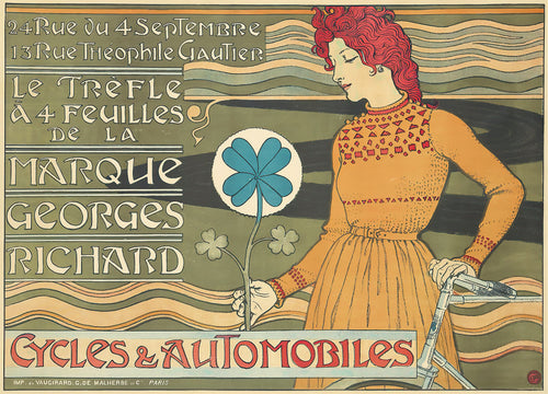 Marque Georges Richard, Cycles & Automobiles by Eugène Grasset — A red-haired woman and her bicycle study a four-leaf clover
