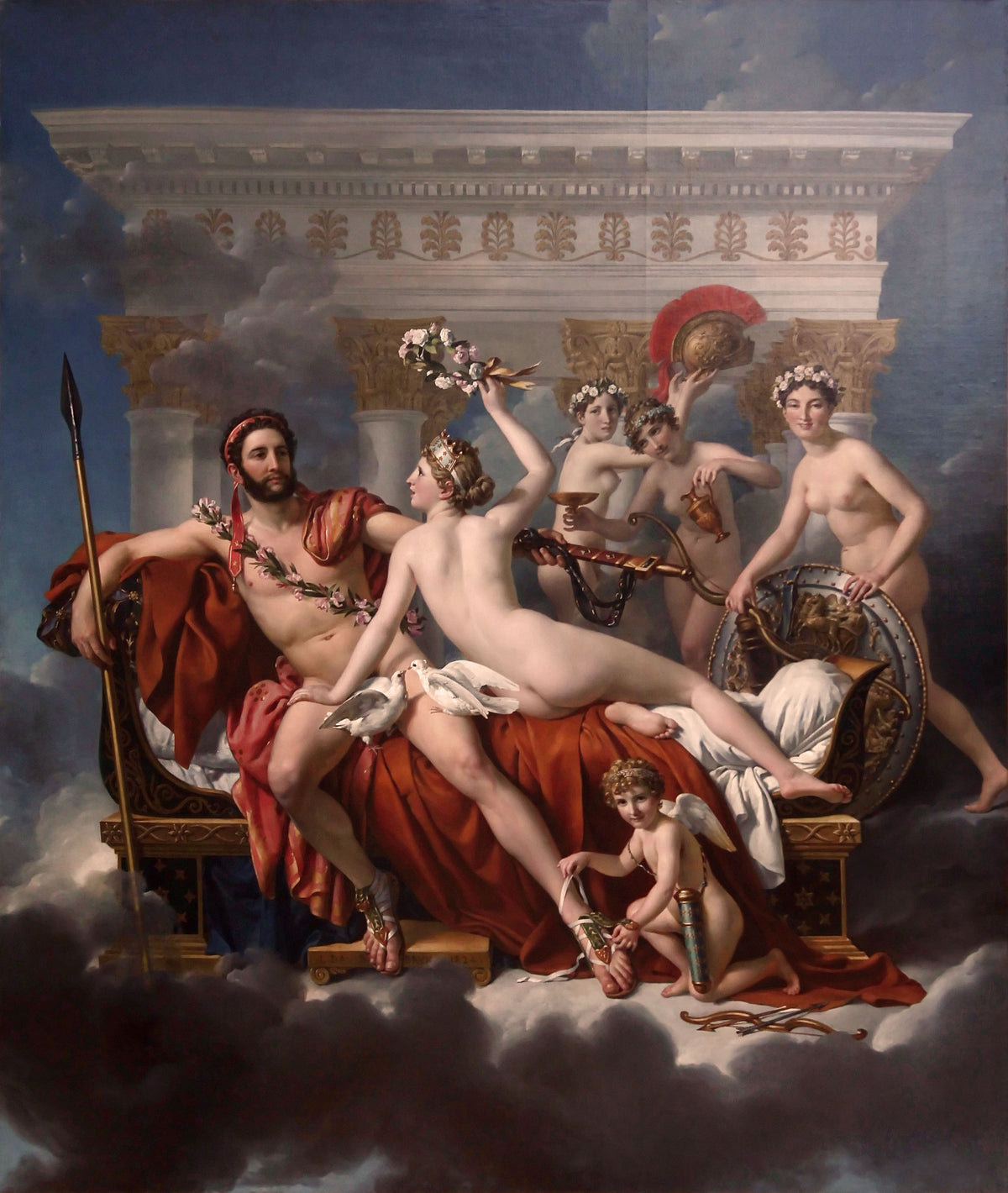 Mars Being Disarmed by Venus by Jacques-Louis David — Mars is disarmed on a cloud-borne couch by Venus and her companions