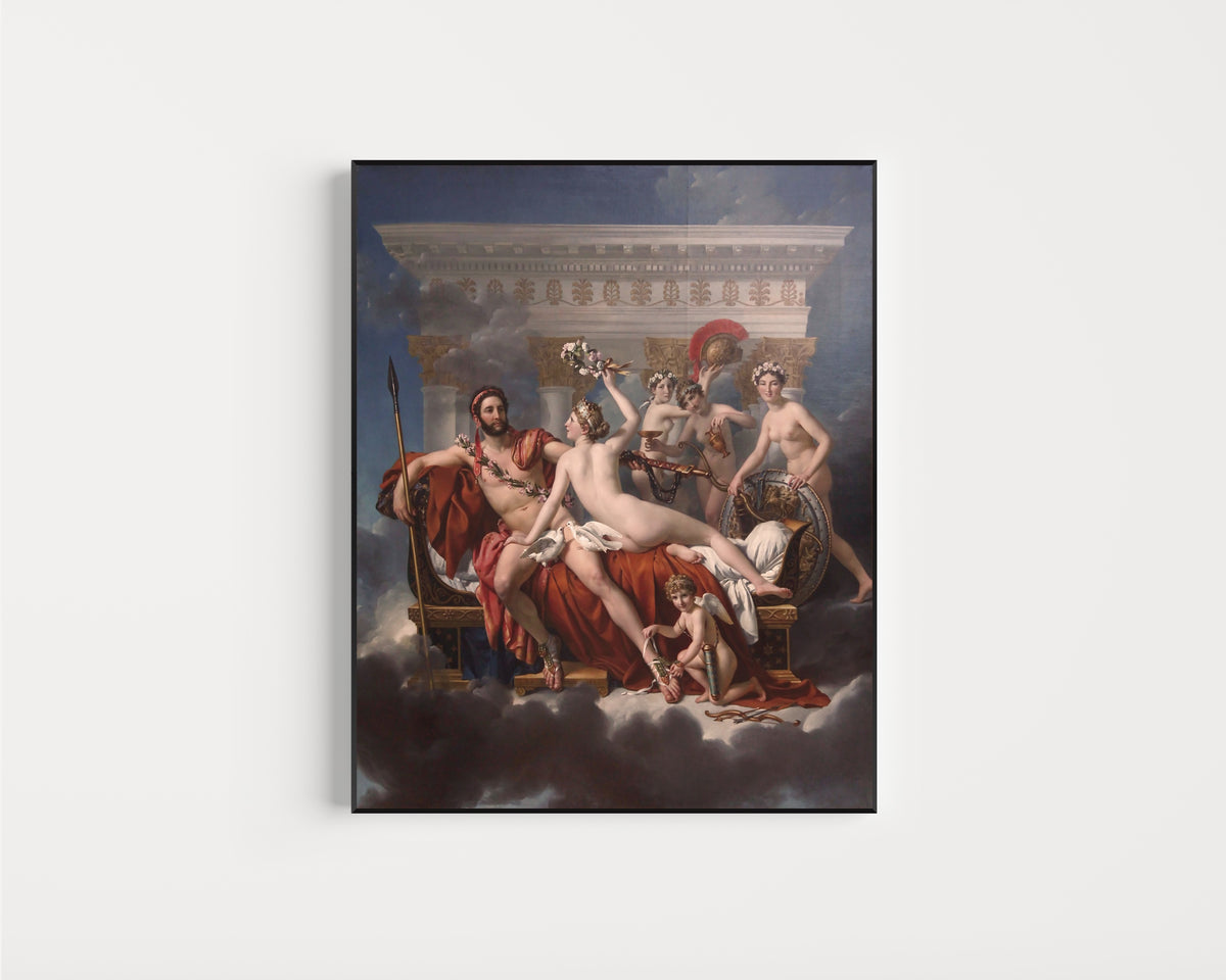 Framed art print of Mars Being Disarmed by Venus by Jacques-Louis David, in a slim black frame on a plain white wall