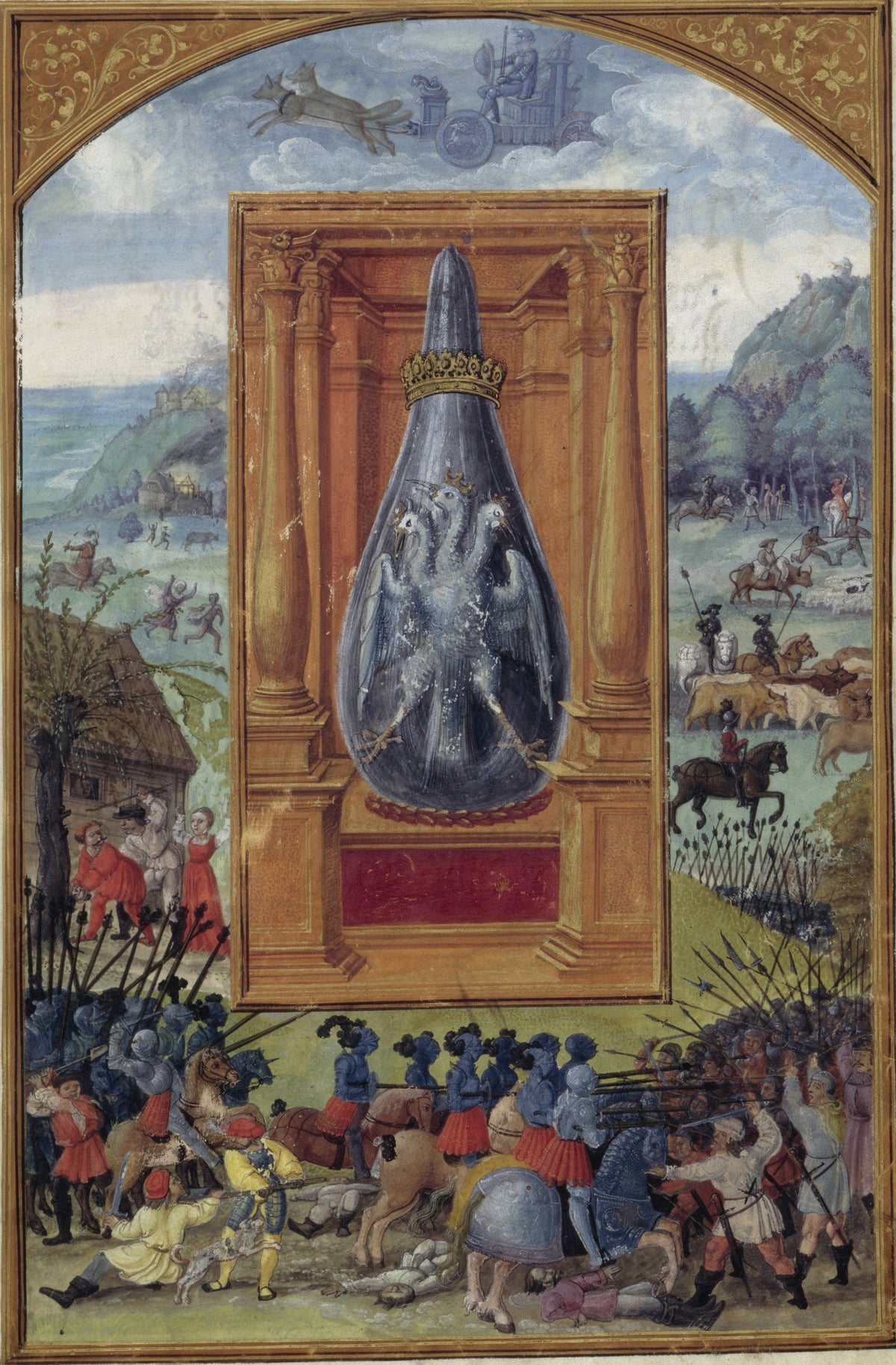 Mars and His Children by Splendor Solis — A crowned three-headed bird in a flask above a battle