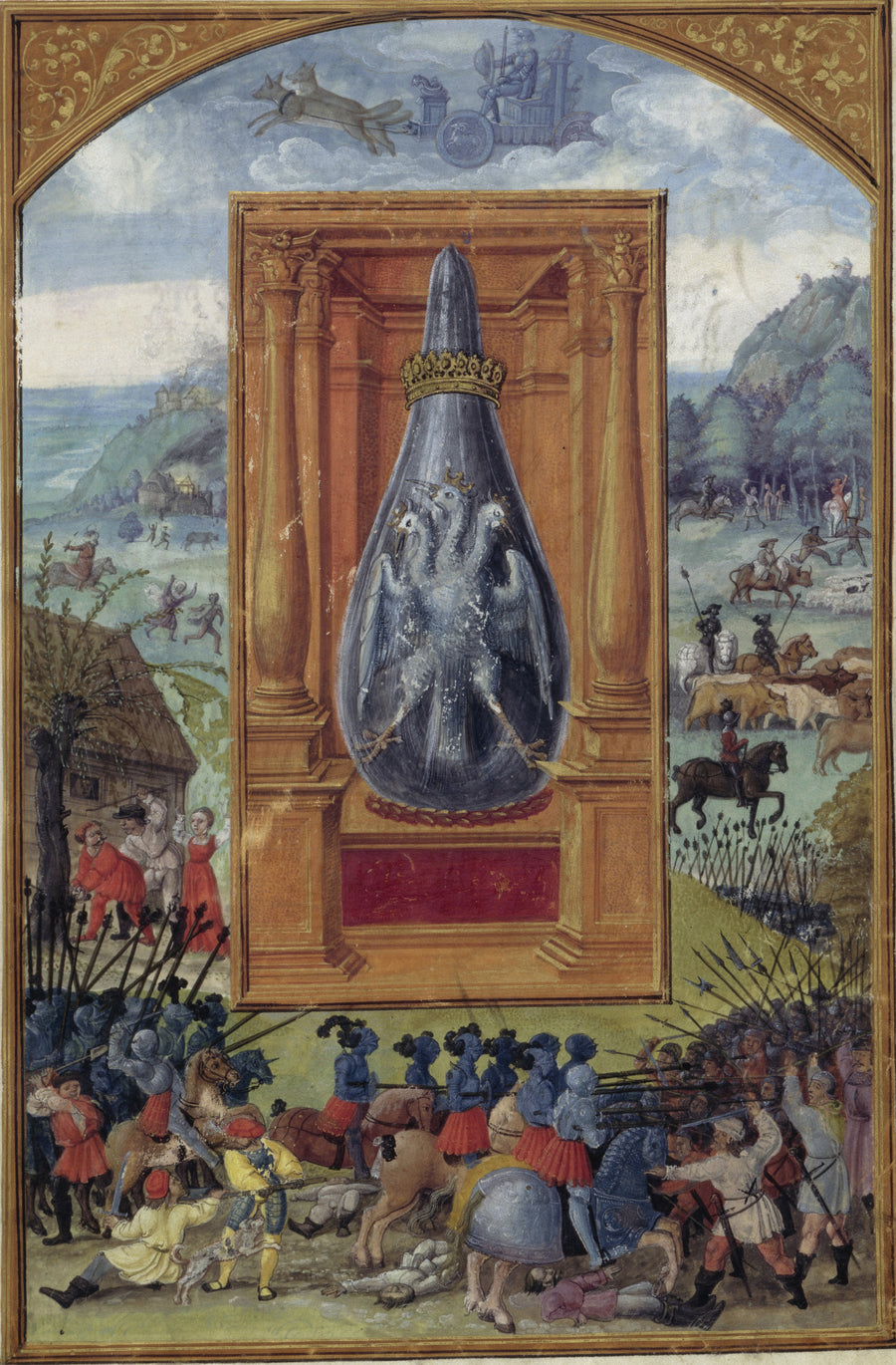 Splendor Solis — Mars and His Children | Illuminated Manuscript Print shown to scale on a wall above a sofa