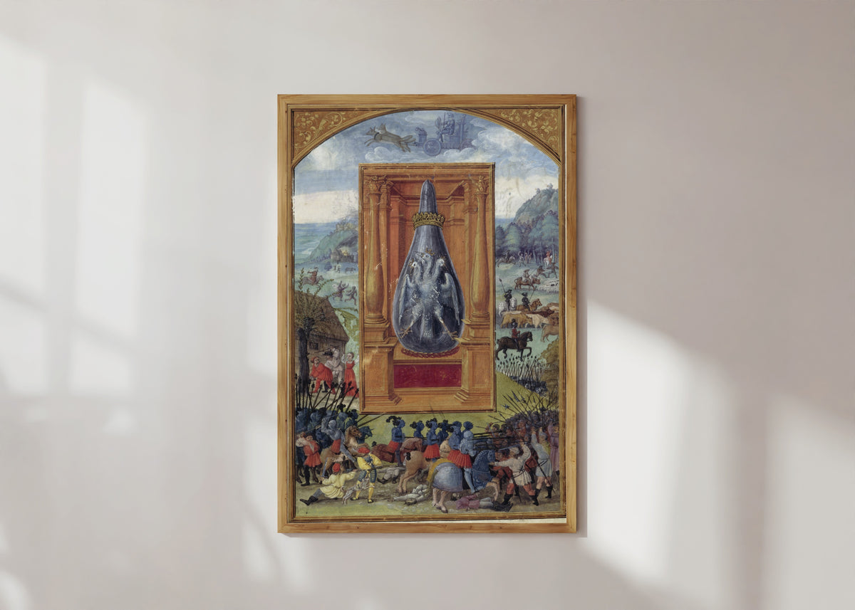 Framed art print of Mars and His Children by Splendor Solis, in a light wood frame on a sunlit white wall