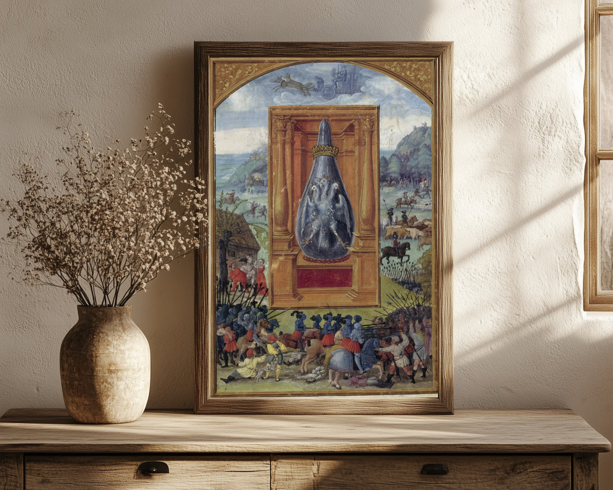 Framed art print of Mars and His Children by Splendor Solis, in a dark wood frame leaning on a rustic console beside dried flowers