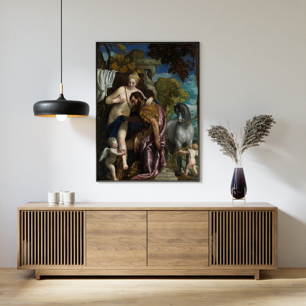 Framed art print of Mars and Venus United by Love by Paolo Veronese, above a slatted wood sideboard