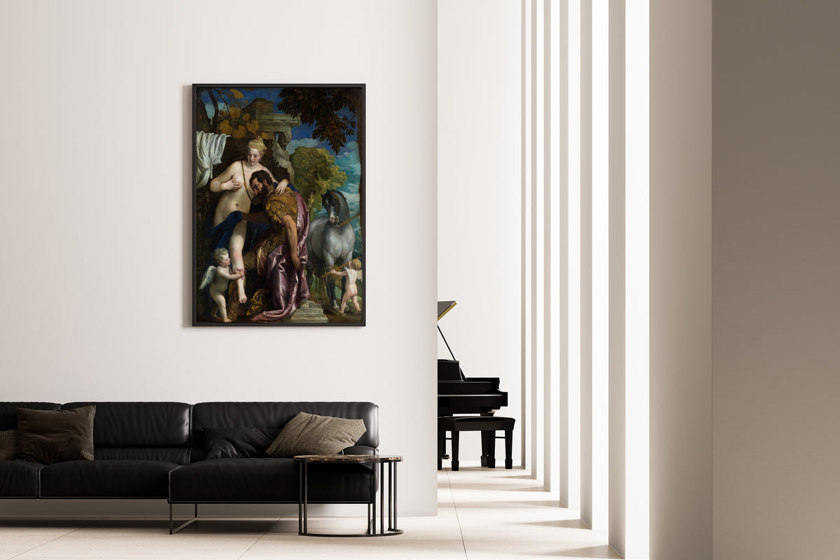 Framed art print of Mars and Venus United by Love by Paolo Veronese, on the wall of a minimal living room