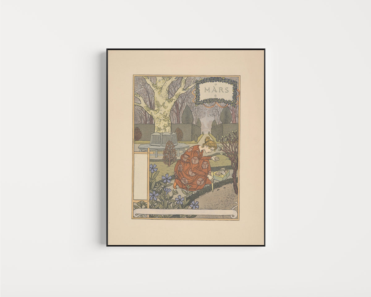 Framed art print of Mars by Eugène Grasset, in a slim black frame on a plain white wall