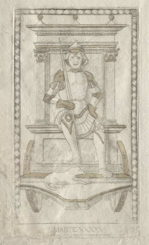 Mars (from the Tarocchi, Series A: Firmaments of the Universe, no. 45) by Master of the E-Series Tarocchi — Armoured Mars enthroned on a chariot with a wolf at