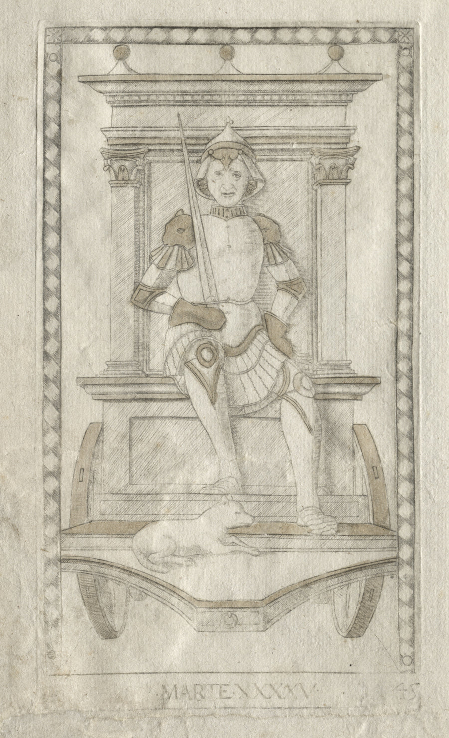 Master of the E-Series Tarocchi — Mars (from the Tarocchi, Series A: Firmaments of the Universe, no. 45) | Esoteric Art Print shown to scale on a wall above a sofa