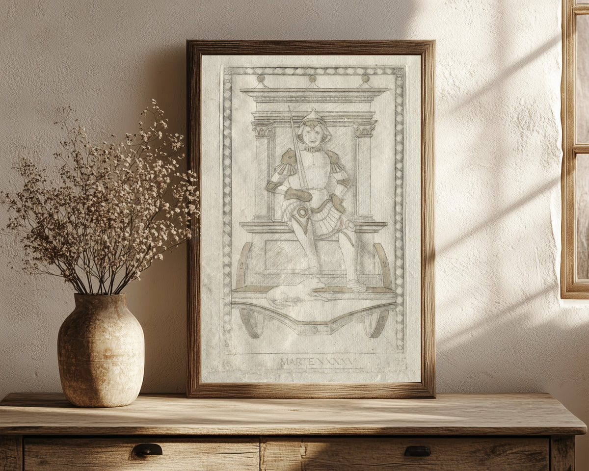 Framed art print of Mars (from the Tarocchi, Series… by Master of the E-Series Tarocchi, in a dark wood frame leaning on a rustic console beside dried flowers