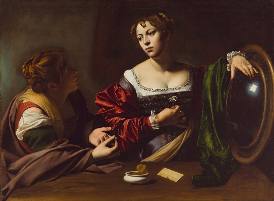 Caravaggio — Martha and Mary Magdalene | Fine Art Print shown to scale on a wall above a sofa