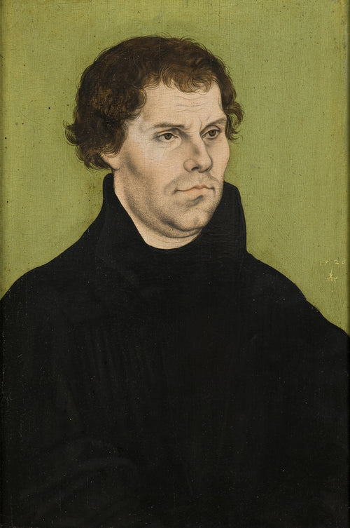 Martin Luther by Lucas Cranach the Elder — A man in a black gown and high collar against a flat green ground