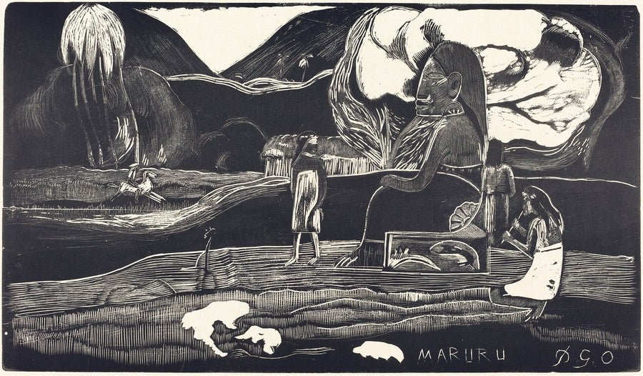 Paul Gauguin — Maruru (Thank You), Black and White | Woodcut Print shown to scale on a wall above a sofa