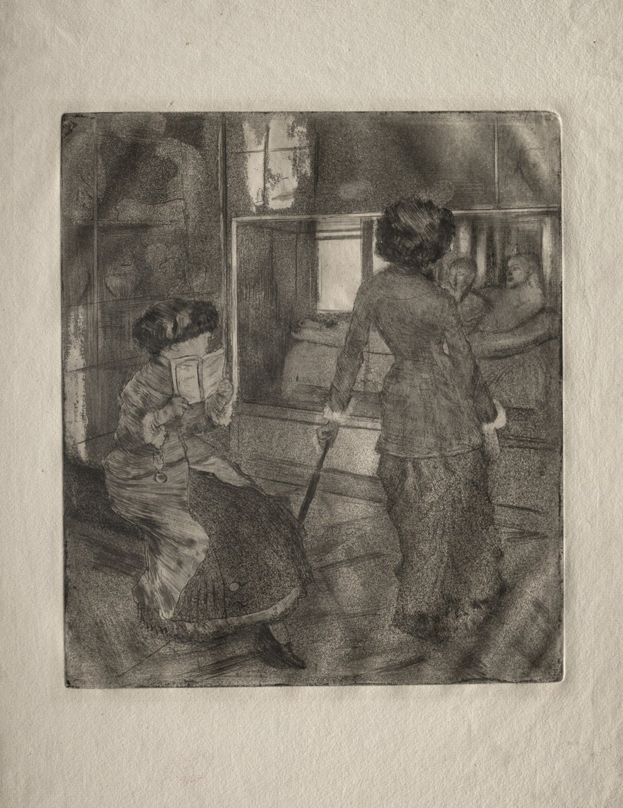 Edgar Degas — Mary Cassatt at the Louvre: The Etruscan Gallery | Fine Art Print shown to scale on a wall above a sofa