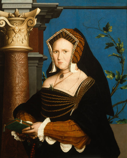 Mary, Lady Guildford by Hans Holbein the Younger — A woman in a pearl-edged hood holds a green book by a marble column