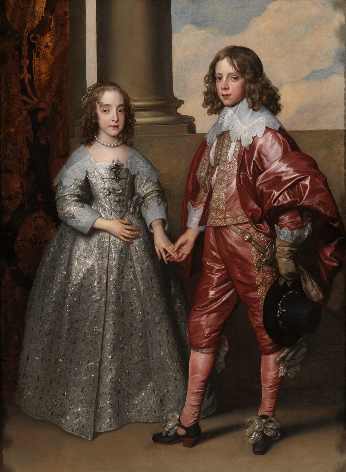 Mary Stuart and William II by Anthony van Dyck — A girl in silver brocade and a boy in rose satin join hands