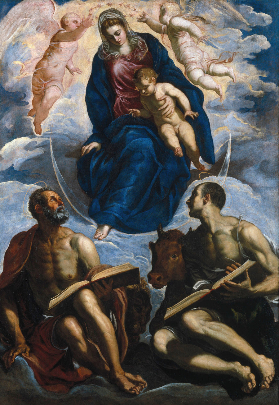 Tintoretto — Mary with the Child, Venerated by St. Marc and St. Luke | Fine Art Print shown to scale on a wall above a sofa