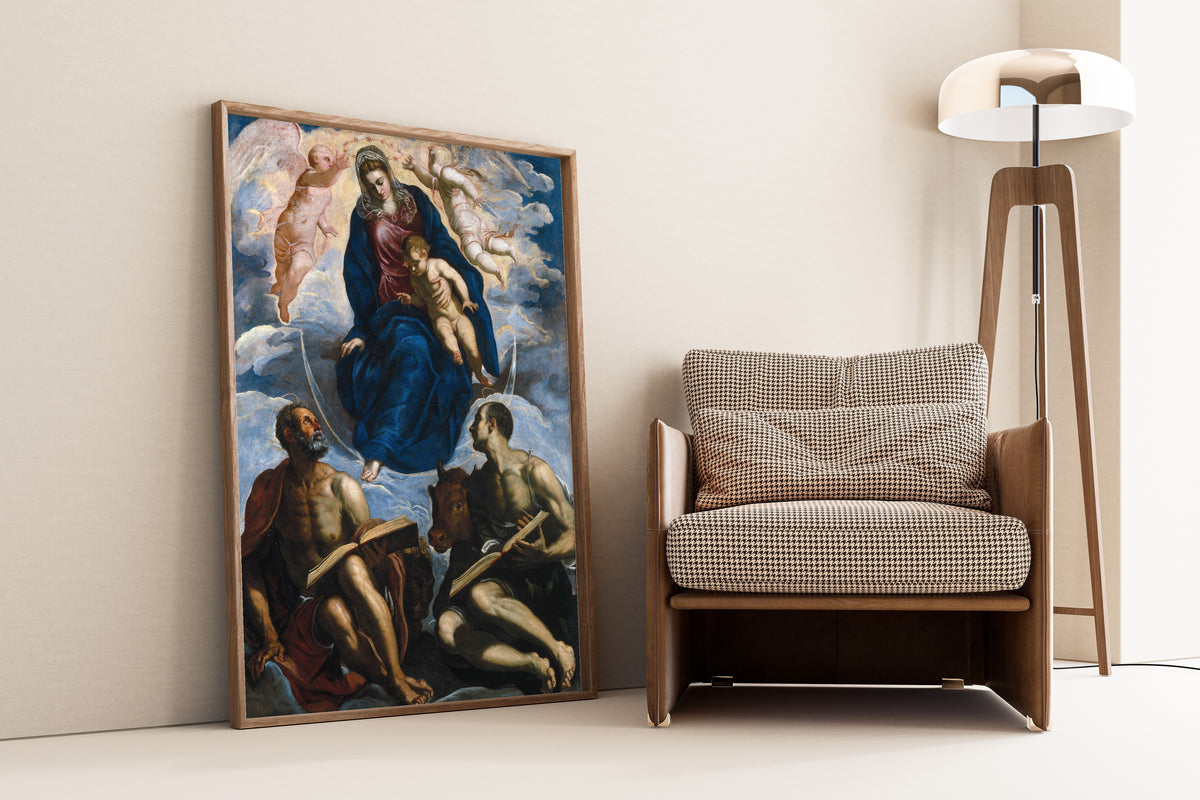 Framed art print of Mary with the Child, Venerated by St. Marc and St. Luke by Tintoretto, leaning against a wall beside an armchair and a floor lamp
