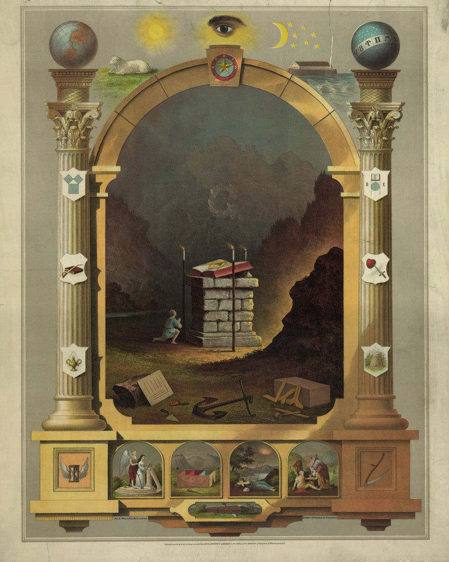 Masonic Chart (1872) | Esoteric Art Print shown to scale on a wall above a sofa