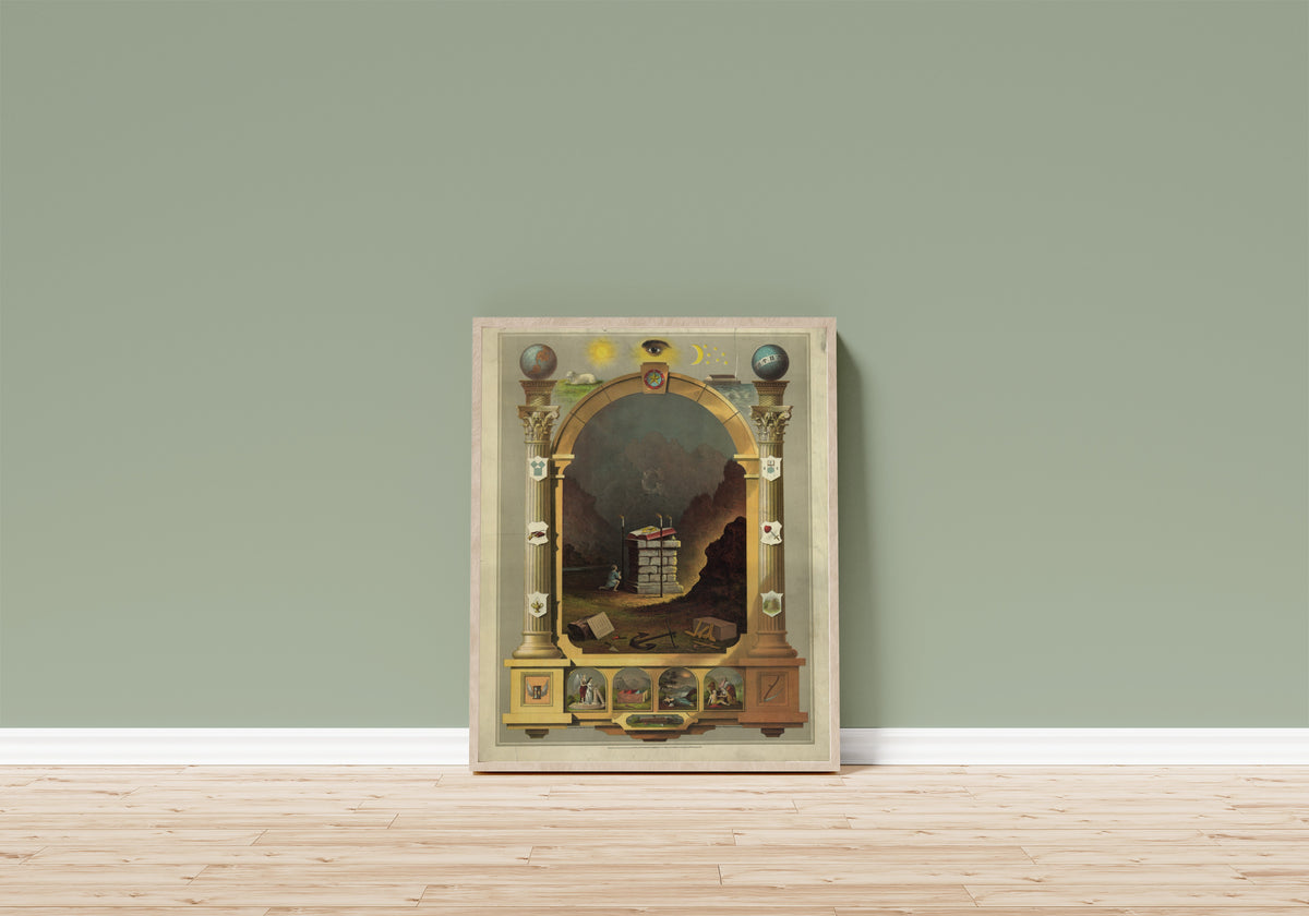 Framed art print of Masonic Chart (1872) by Unknown artist, in a light wood frame leaning on a sage green wall above a wooden floor