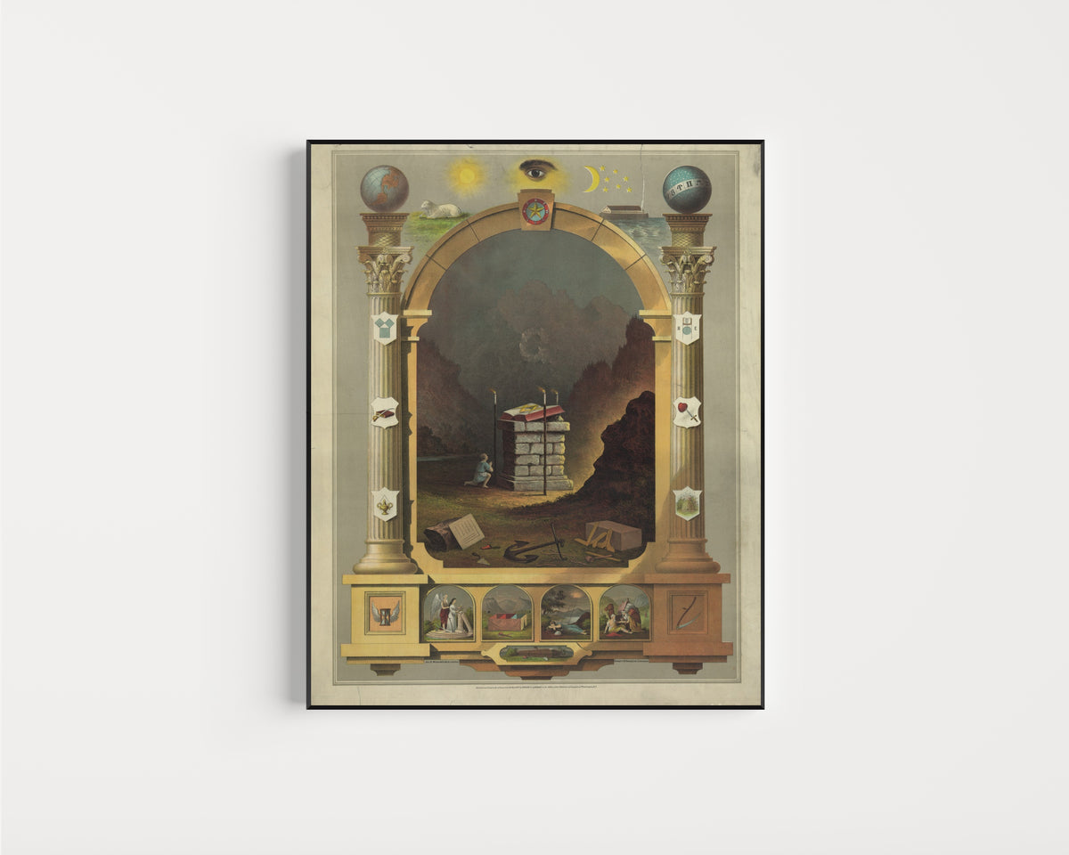 Framed art print of Masonic Chart (1872) by Unknown artist, in a slim black frame on a plain white wall