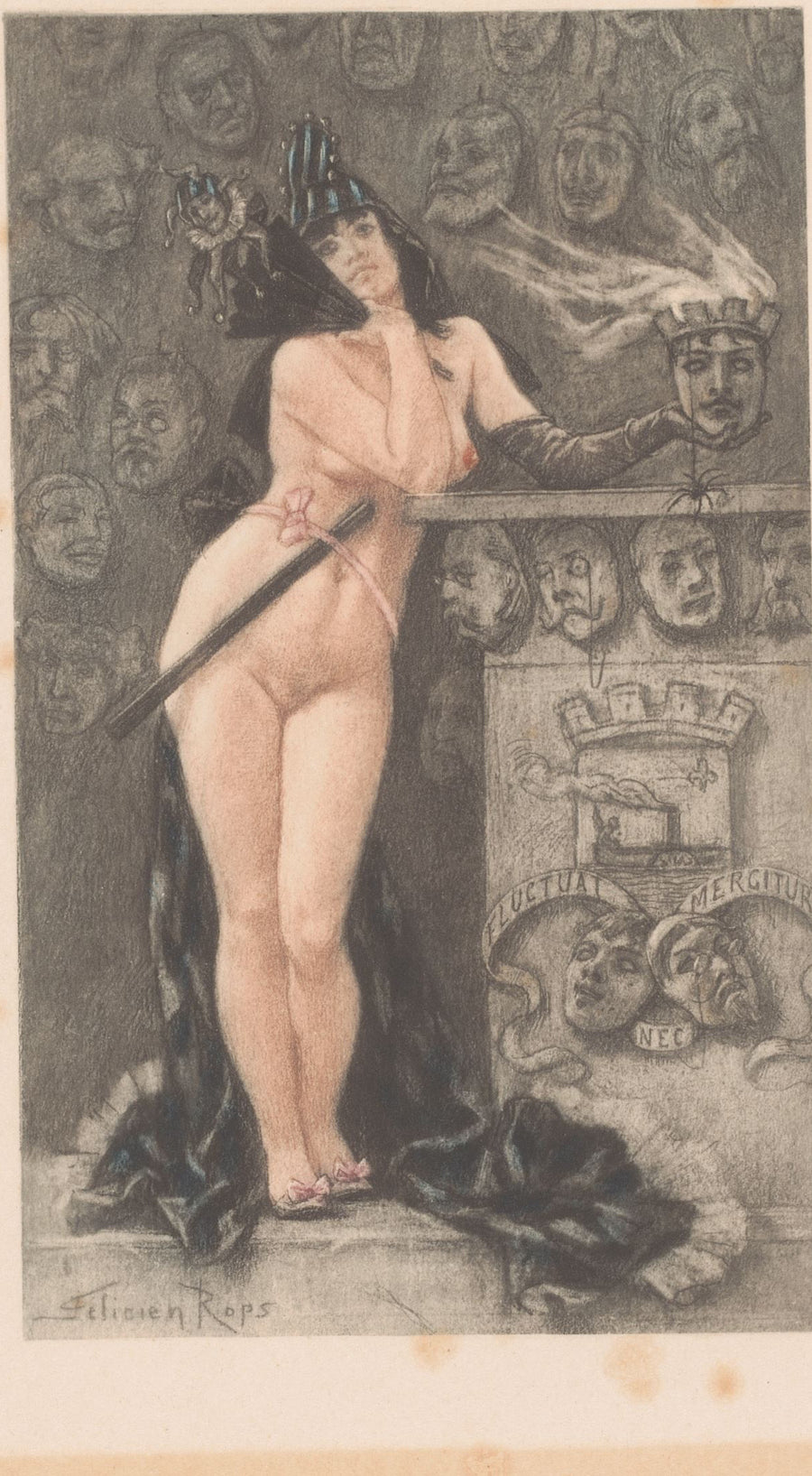 Félicien Rops — Masques parisiennes (hand-coloured) | Art Print shown to scale on a wall above a sofa