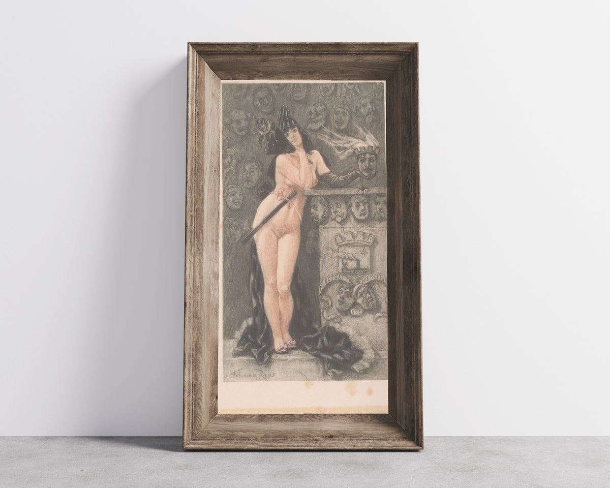 Framed art print of Masques parisiennes (hand-coloured) by Félicien Rops, in a wide wooden frame leaning against a concrete wall