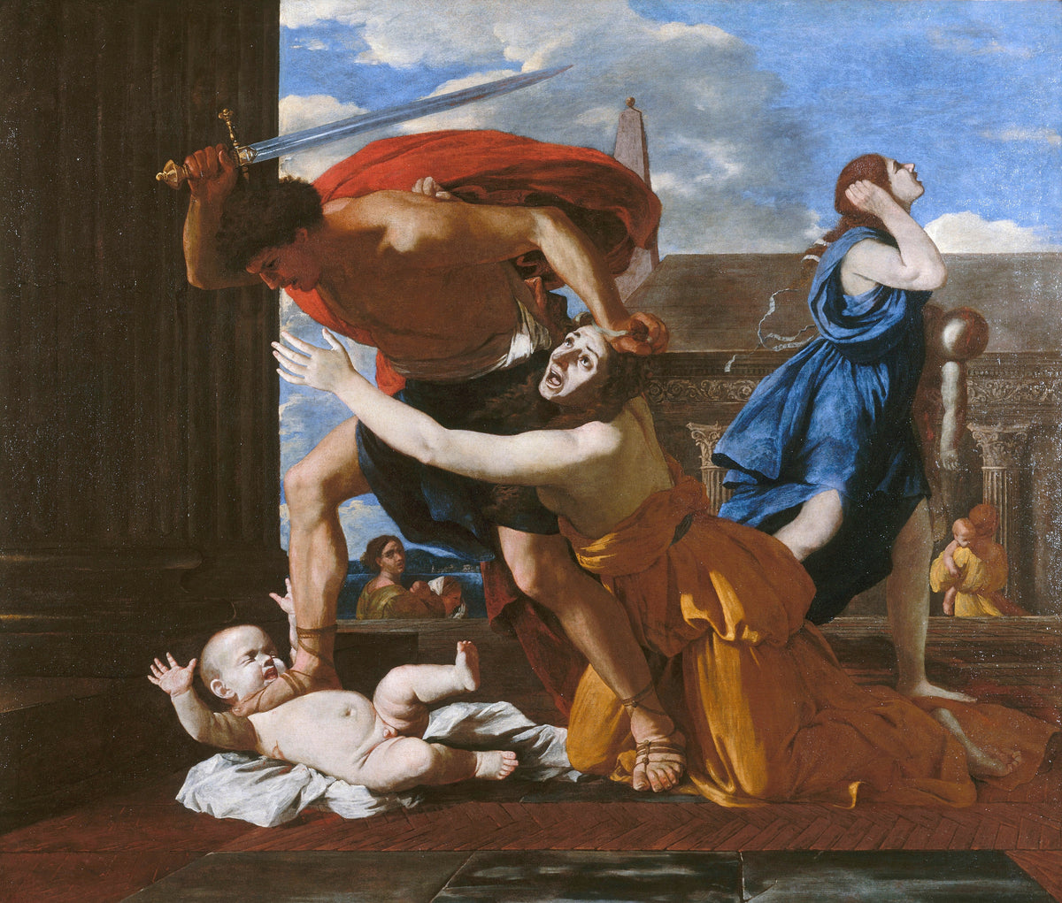 Massacre of the Innocents by Nicolas Poussin — A man with a raised sword seizes a kneeling woman by the hair
