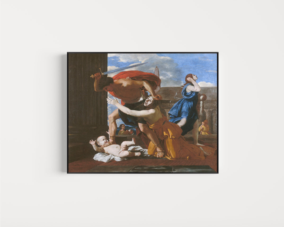 Framed art print of Massacre of the Innocents by Nicolas Poussin, in a slim black frame on a plain white wall