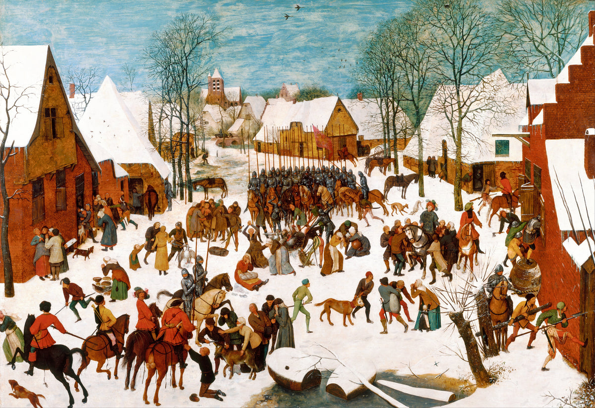 Massacre of the Innocents by Pieter Bruegel the Elder — Armoured riders sweep through a snowy Flemish village