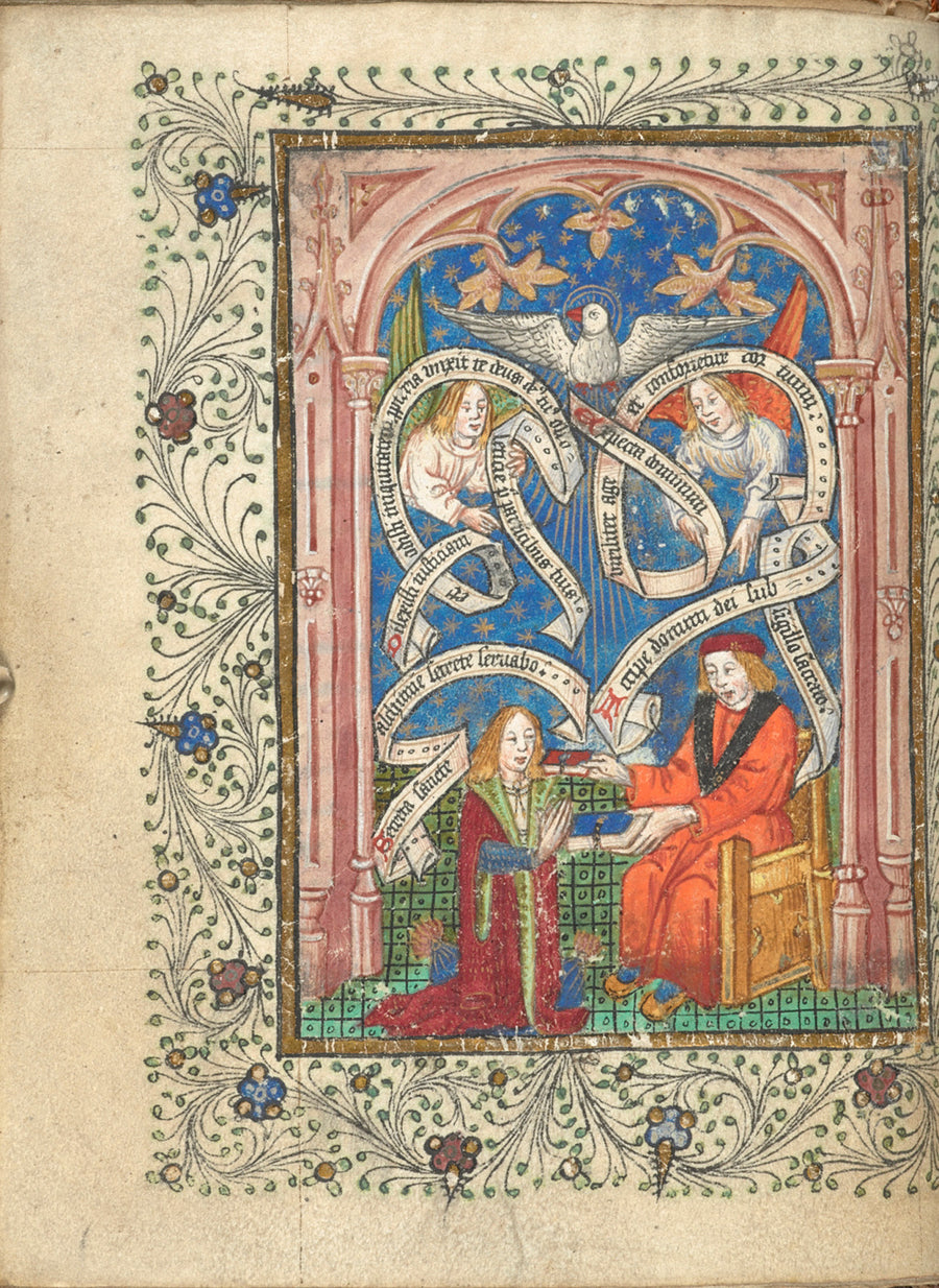 Master and Pupil (The Ordinall of Alchemy, 1477) | Illuminated Manuscript Print shown to scale on a wall above a sofa