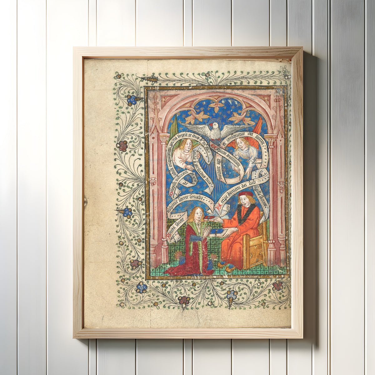 Framed art print of Master and Pupil (The Ordinall of Alchemy, 1477) by Unknown artist, in a light wood frame on a white panelled wall