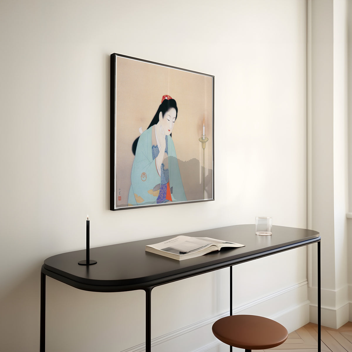 Meditation by Uemura Shōen — shown framed on a wall