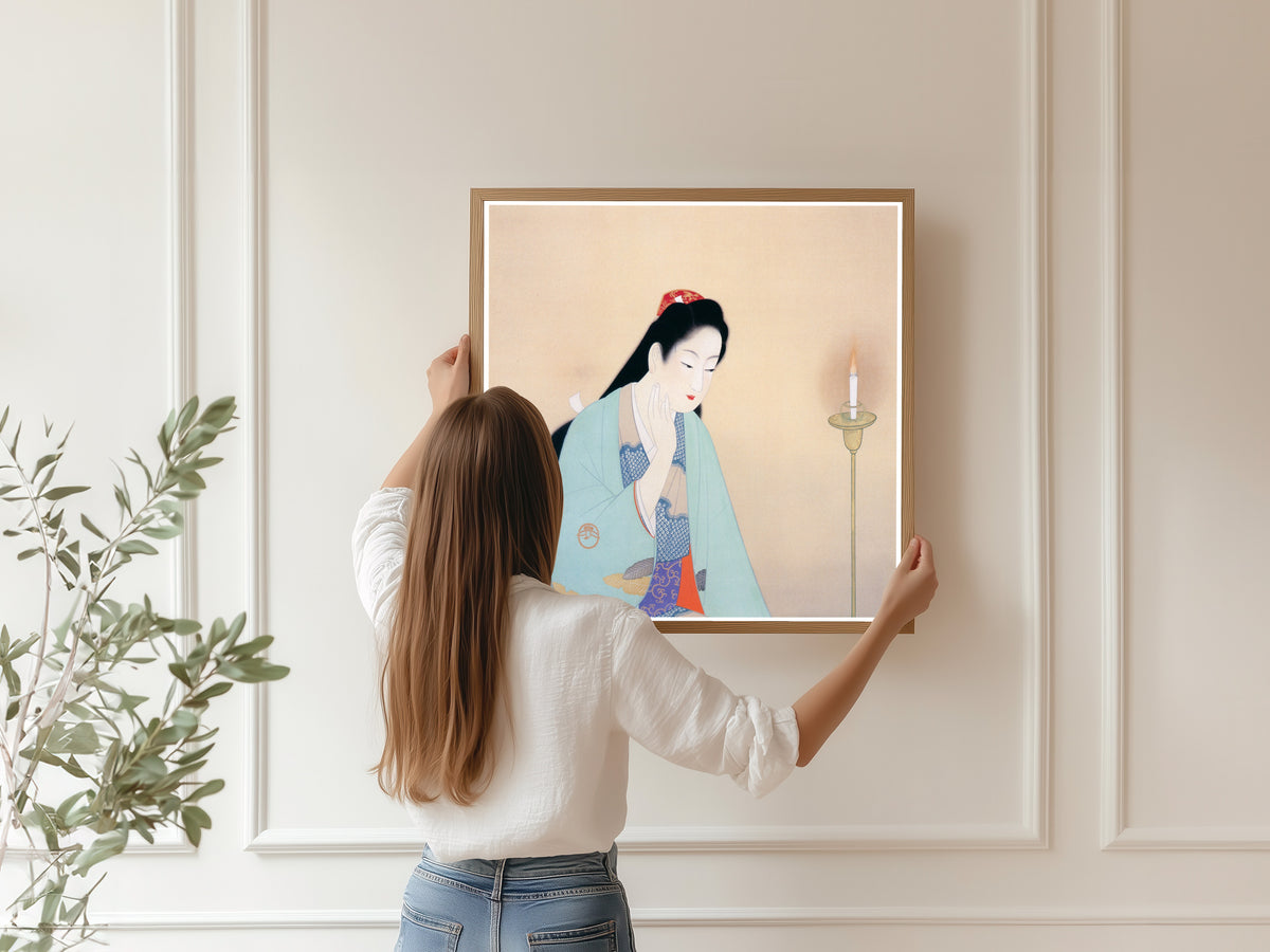 Meditation by Uemura Shōen — shown framed on a wall