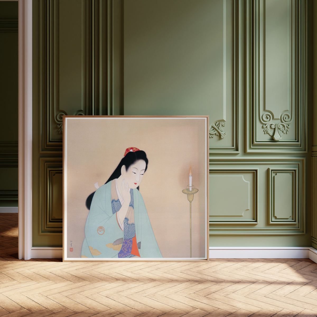 Meditation by Uemura Shōen — shown framed on a wall