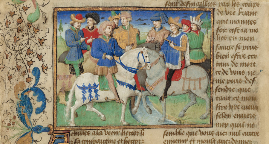 Master of Girart de Roussillon — Meeting of Achilles and Hector | Illuminated Manuscript Print shown to scale on a wall above a sofa