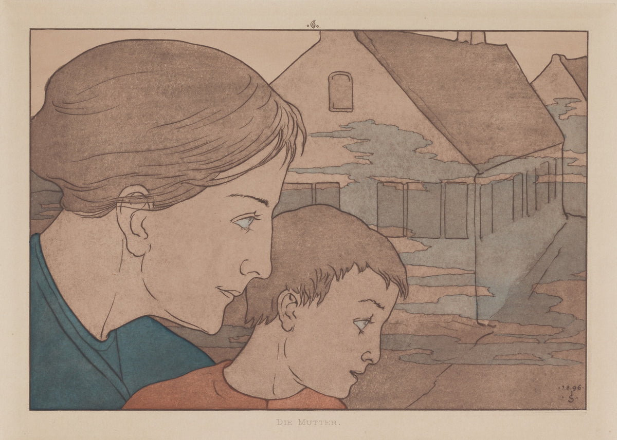 Meine Harmonie: Plate 10 by Joseph Sattler — A mother and her boy in profile before gabled houses