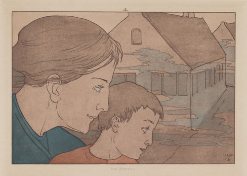 Meine Harmonie: Plate 10 by Joseph Sattler — A mother and her boy in profile before gabled houses