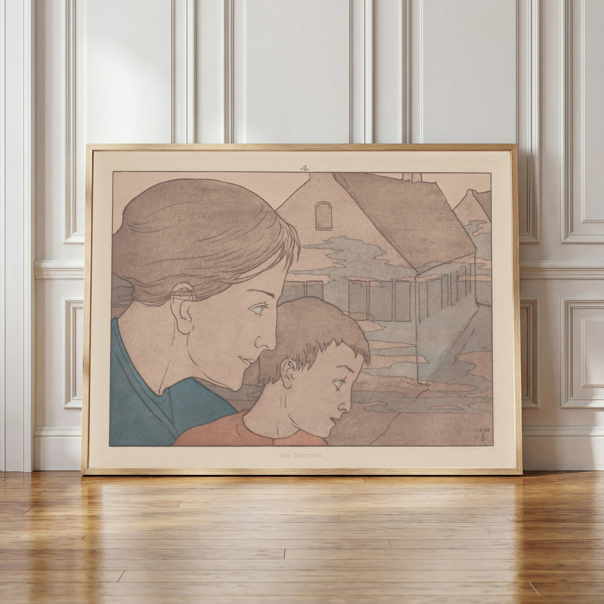 Framed art print of Meine Harmonie: Plate 10 by Joseph Sattler, in a light wood frame leaning against a panelled white wall