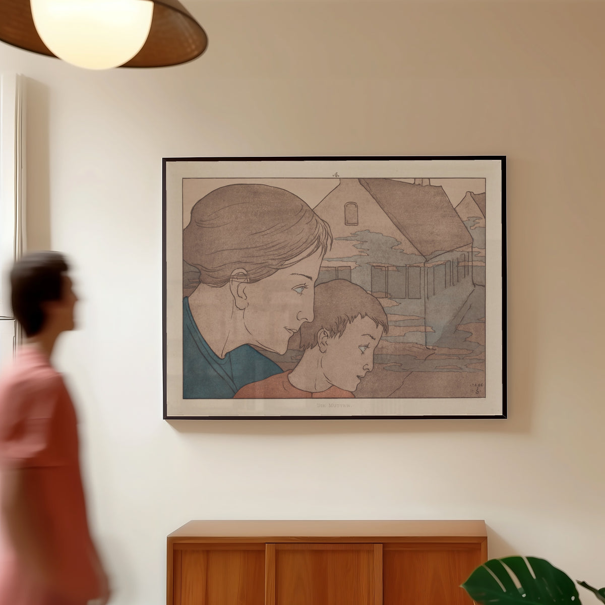 Framed art print of Meine Harmonie: Plate 10 by Joseph Sattler, in a slim black frame on a warm wall in a sunlit room