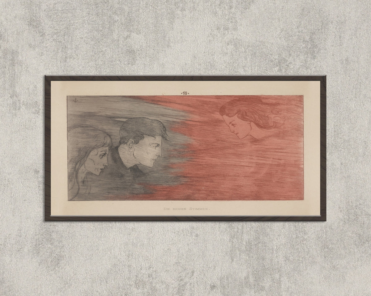 Framed art print of Meine Harmonie: Plate 14 by Joseph Sattler, in a wide black frame on a concrete wall