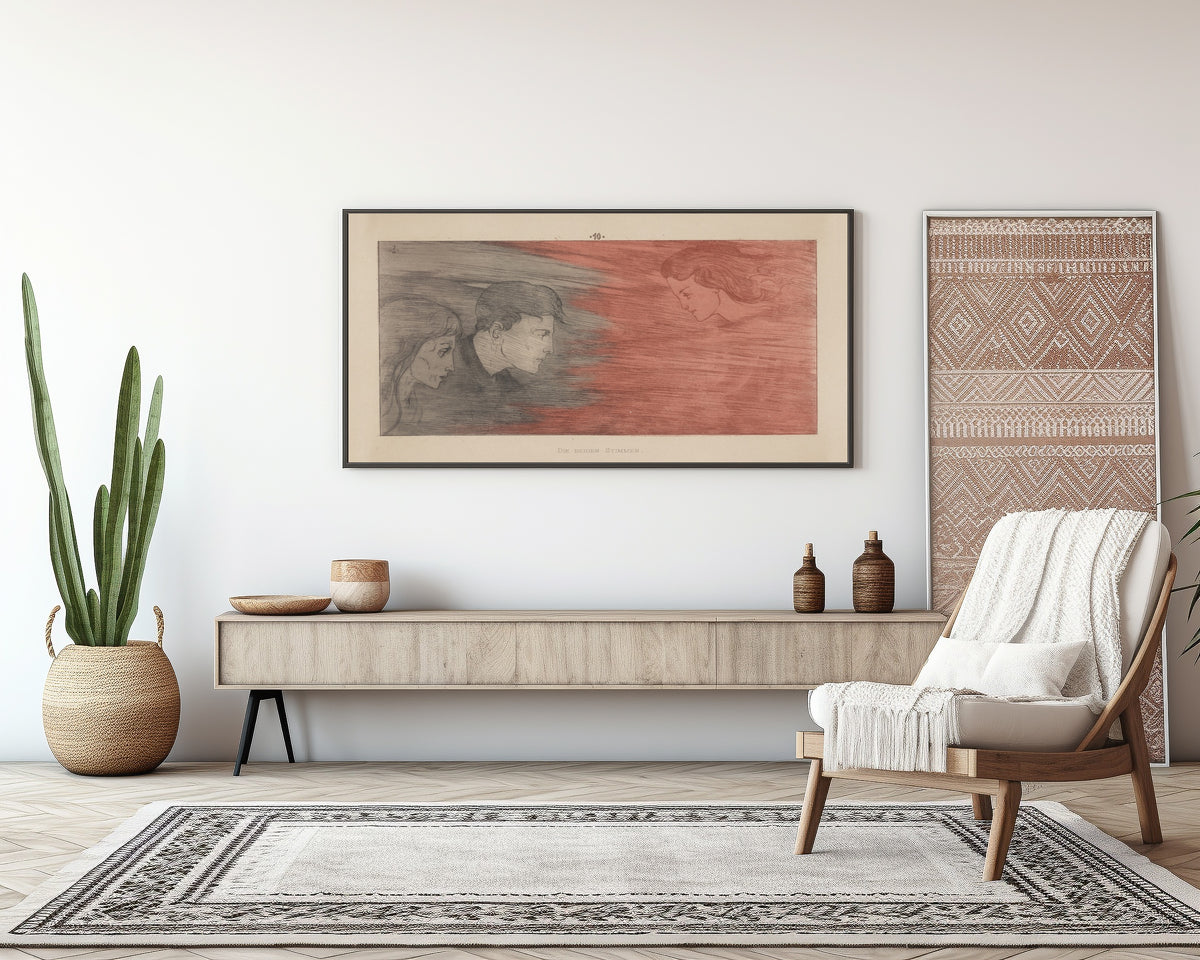 Framed art print of Meine Harmonie: Plate 14 by Joseph Sattler, above a sideboard in a living room