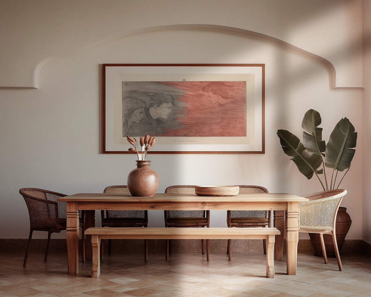 Framed art print of Meine Harmonie: Plate 14 by Joseph Sattler, above a wooden dining table