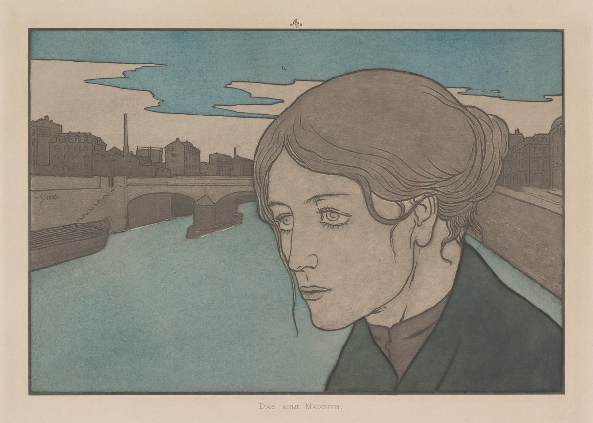 Meine Harmonie: Plate 8 by Joseph Sattler — A pale young woman's face before a canal, bridge and factory chimney