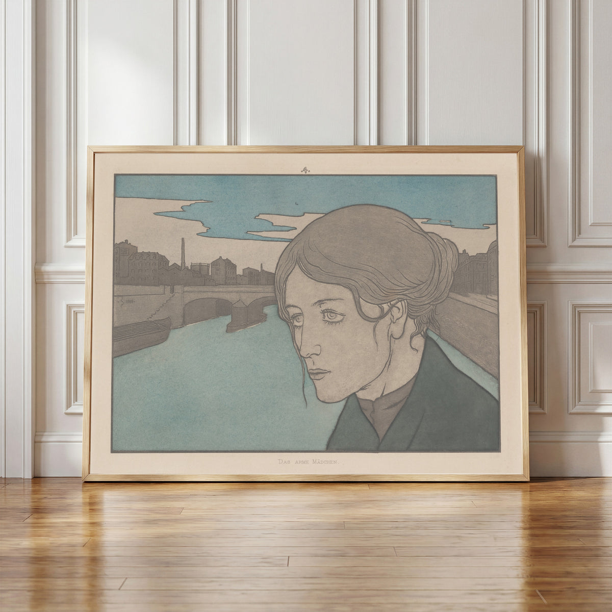 Framed art print of Meine Harmonie: Plate 8 by Joseph Sattler, in a light wood frame leaning against a panelled white wall