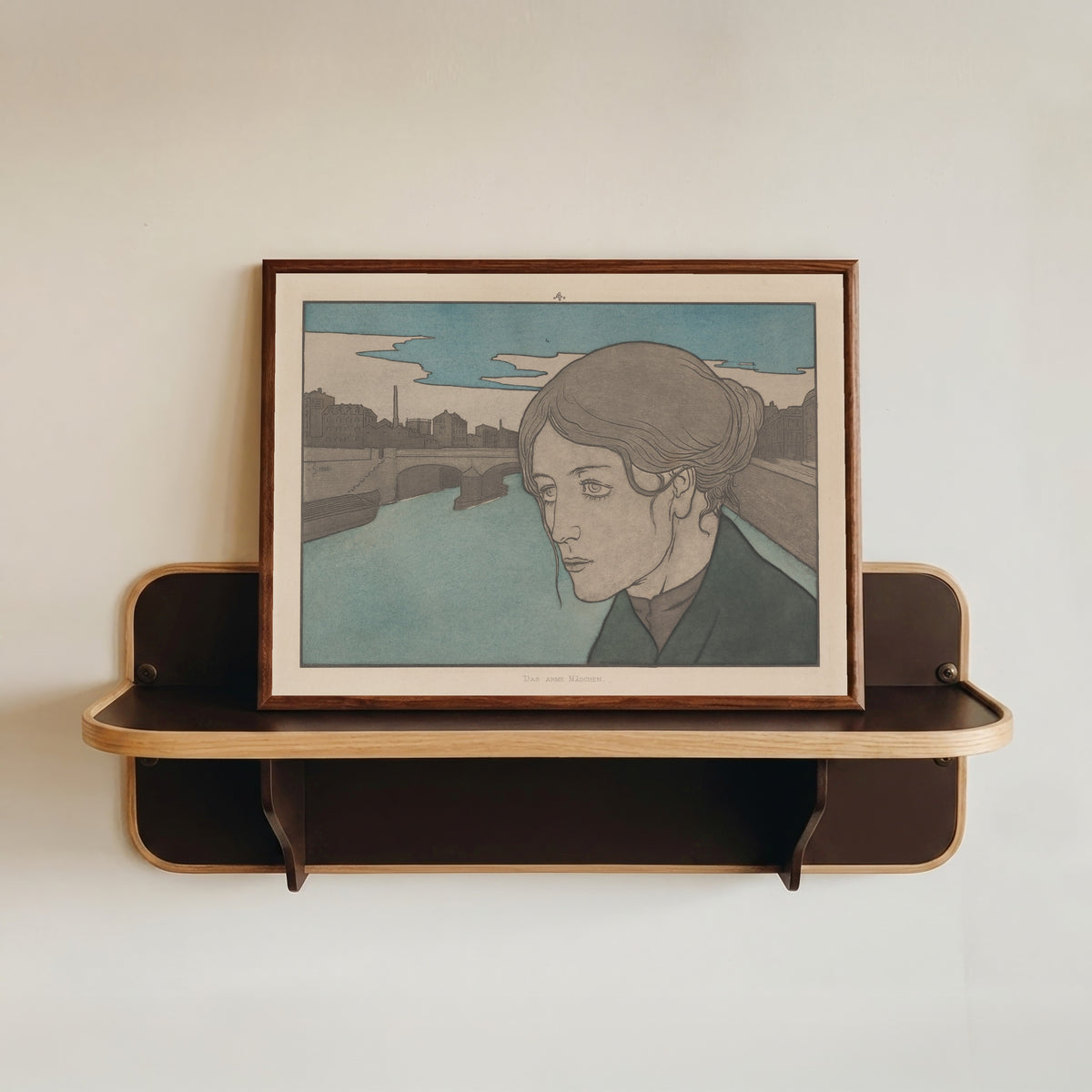 Framed art print of Meine Harmonie: Plate 8 by Joseph Sattler, in a dark wood frame resting on a wall shelf