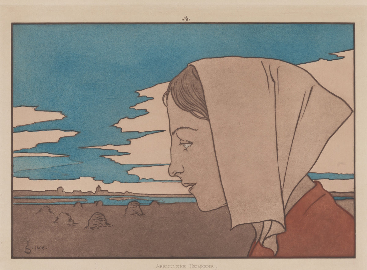 Meine Harmonie: Plate 9 by Joseph Sattler — A woman in a headscarf in profile above a field of haystacks