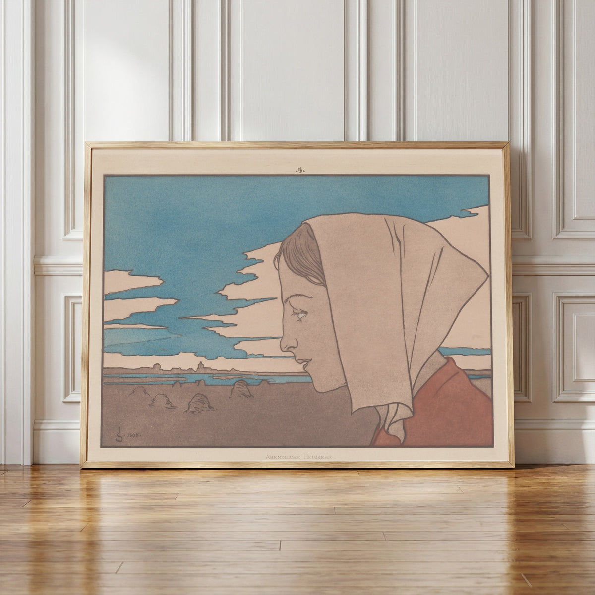 Framed art print of Meine Harmonie: Plate 9 by Joseph Sattler, in a light wood frame leaning against a panelled white wall