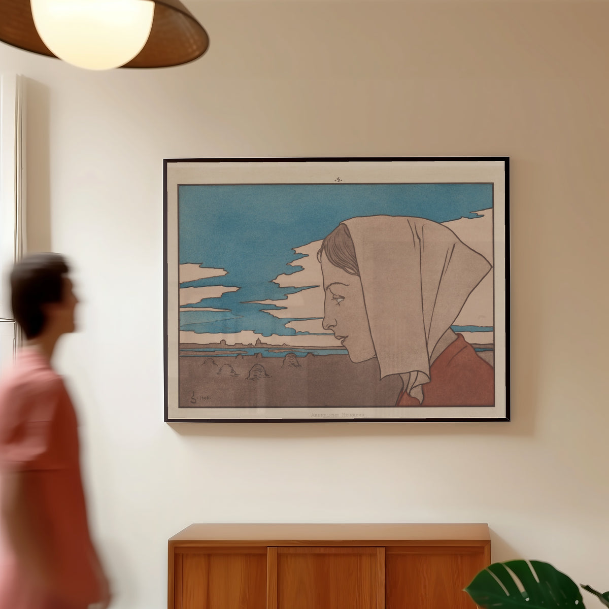 Framed art print of Meine Harmonie: Plate 9 by Joseph Sattler, in a slim black frame on a warm wall in a sunlit room