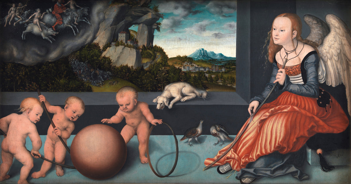 Melancholy by Lucas Cranach the Elder — A winged woman whittles as three children play with a ball and hoop