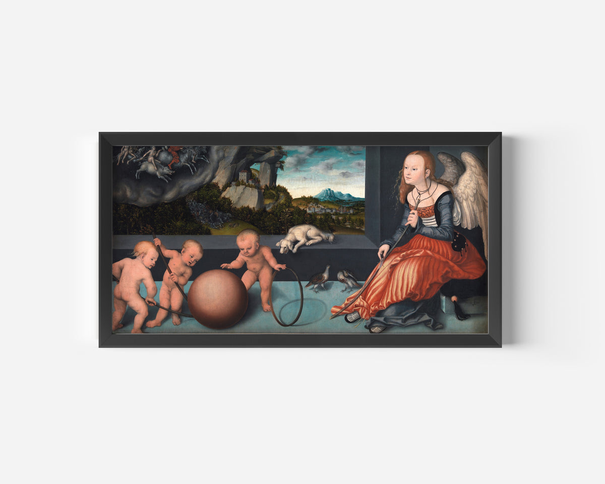 Framed art print of Melancholy by Lucas Cranach the Elder, in a wide black frame on a plain white wall